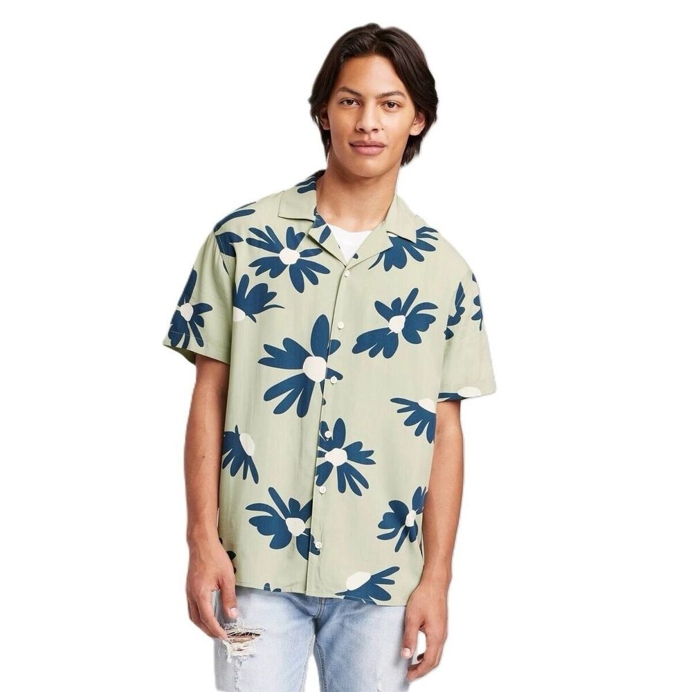 Original Use Mens Green Floral Short Sleeve Button-Down Shirt Multi